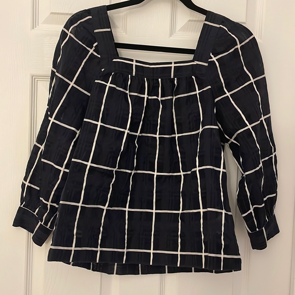 J Crew Navy and White check flowy blouse with unique square neckline Sz 4